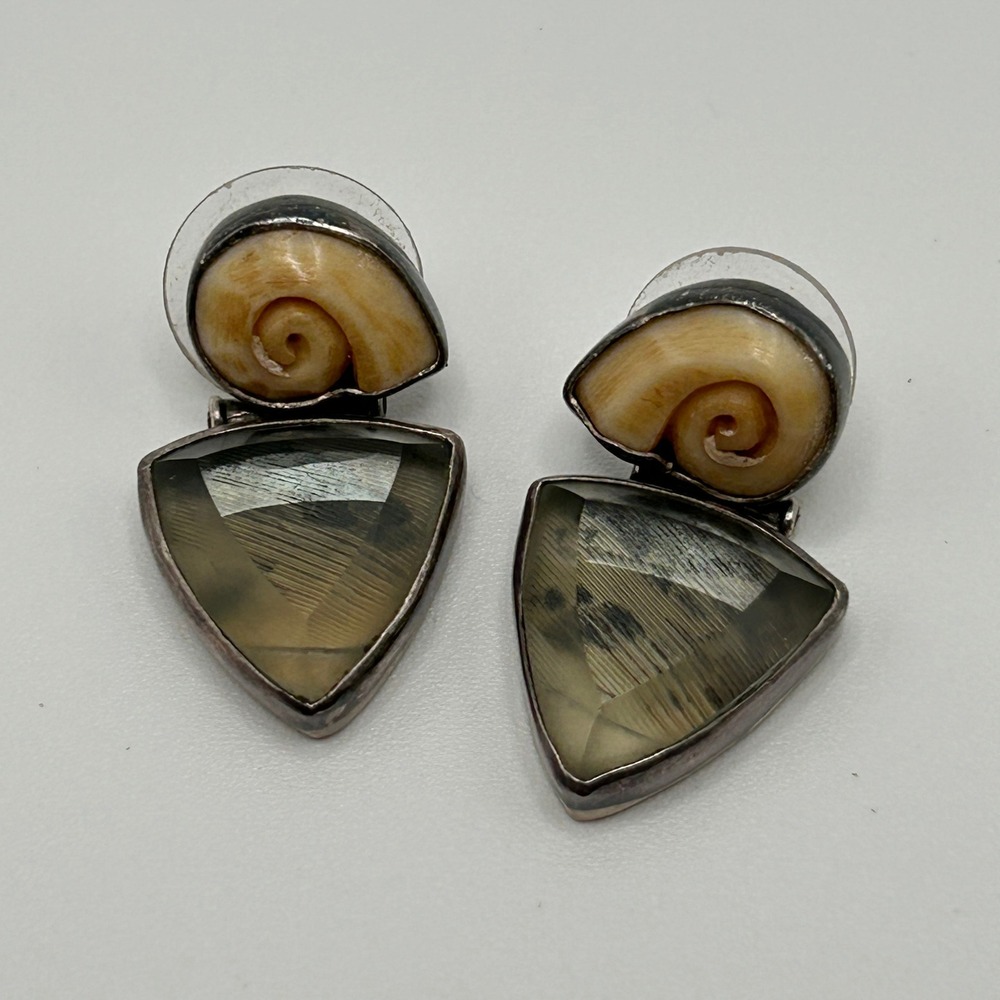 JLR Sterling Silver 925 Shell Triangle Glass Drop Earrings 9.18g Boho Artisan